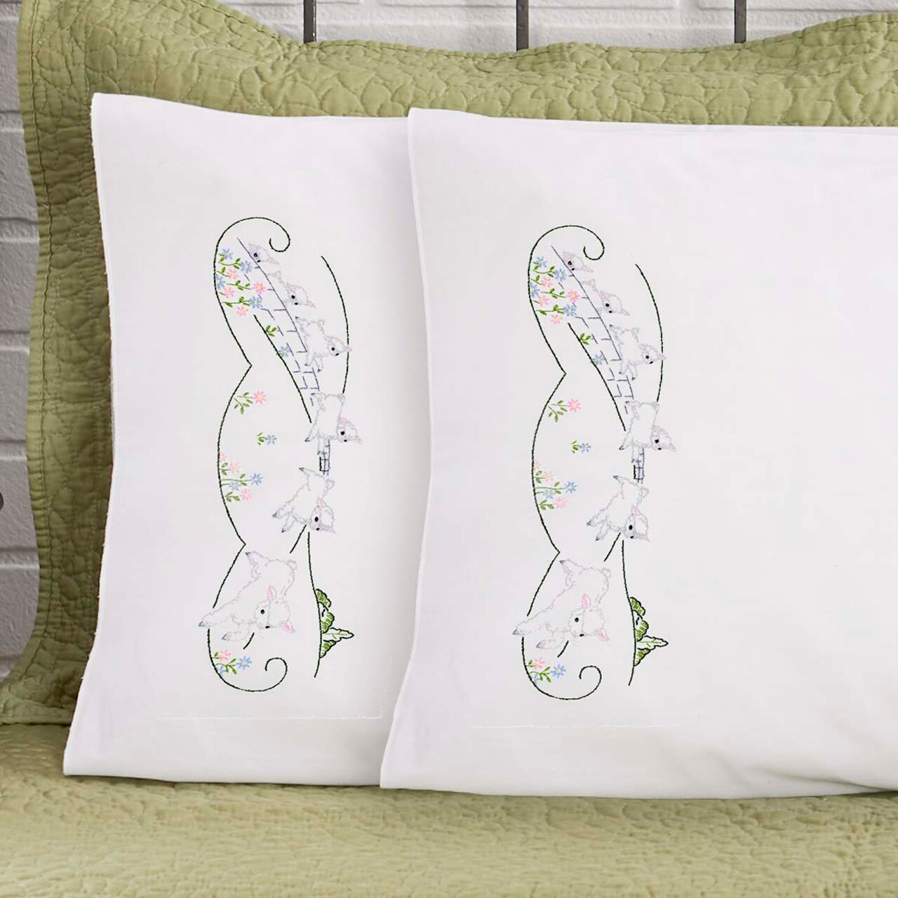 Herrschners Counting Sheep Pillowcase Pair Stamped Embroidery